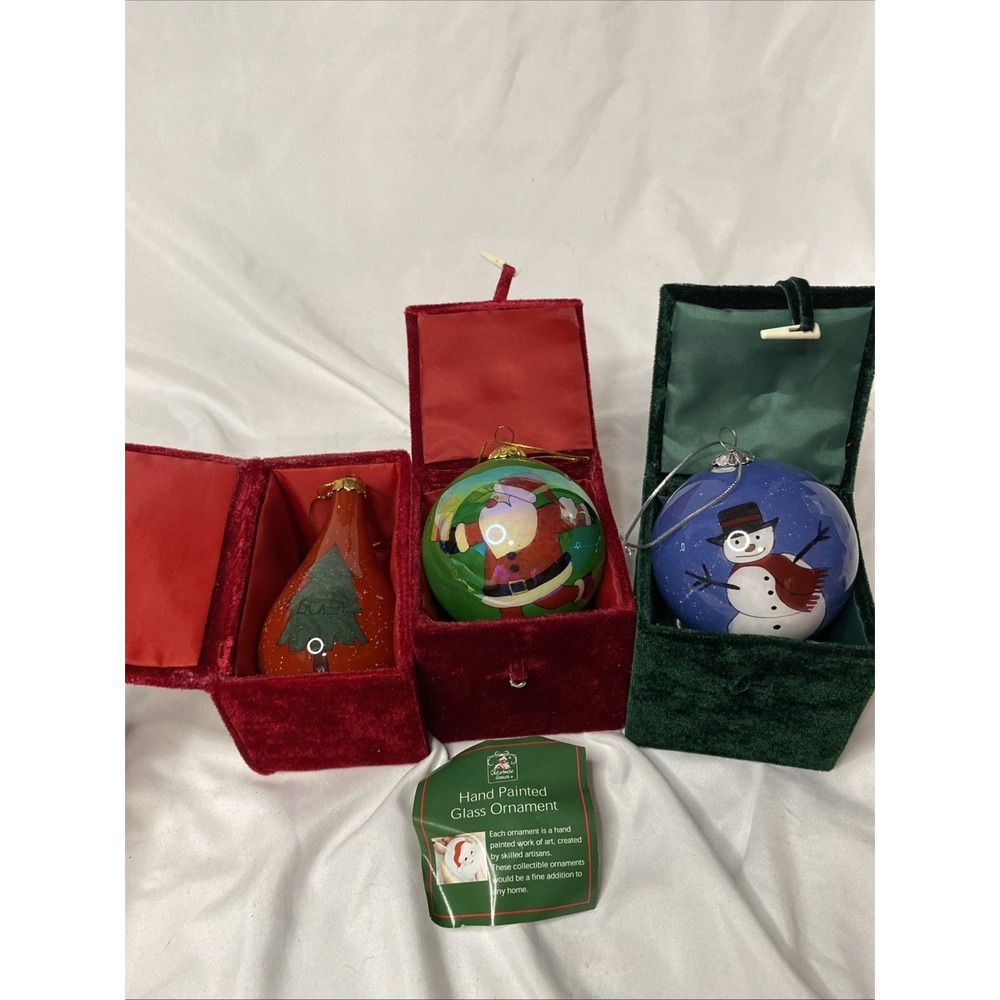 Set Of 3 Christmas House Hand Painted Ornaments With Cases